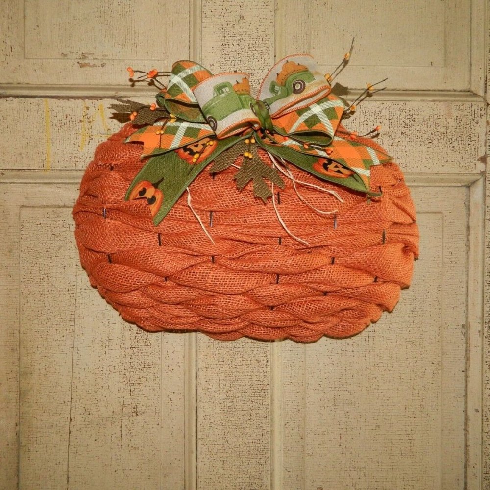 Handmade Halloween Fall 3D Burlap Pumpkin Door Wreath